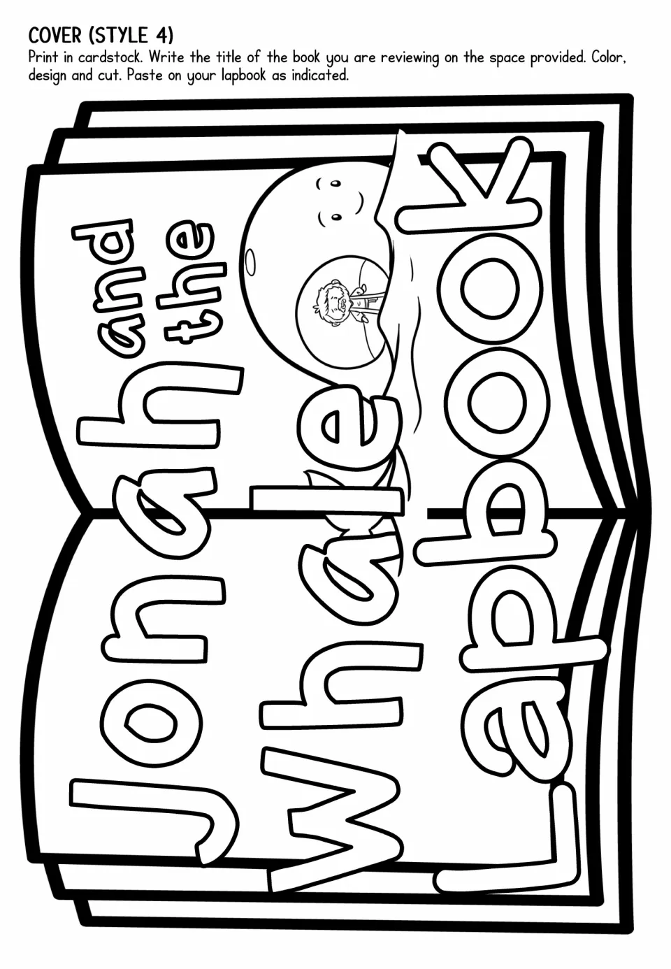 Cover style 4: sideways book title with Jonah visible inside the whale, a color-and-cut piece for a landscape lapbook front