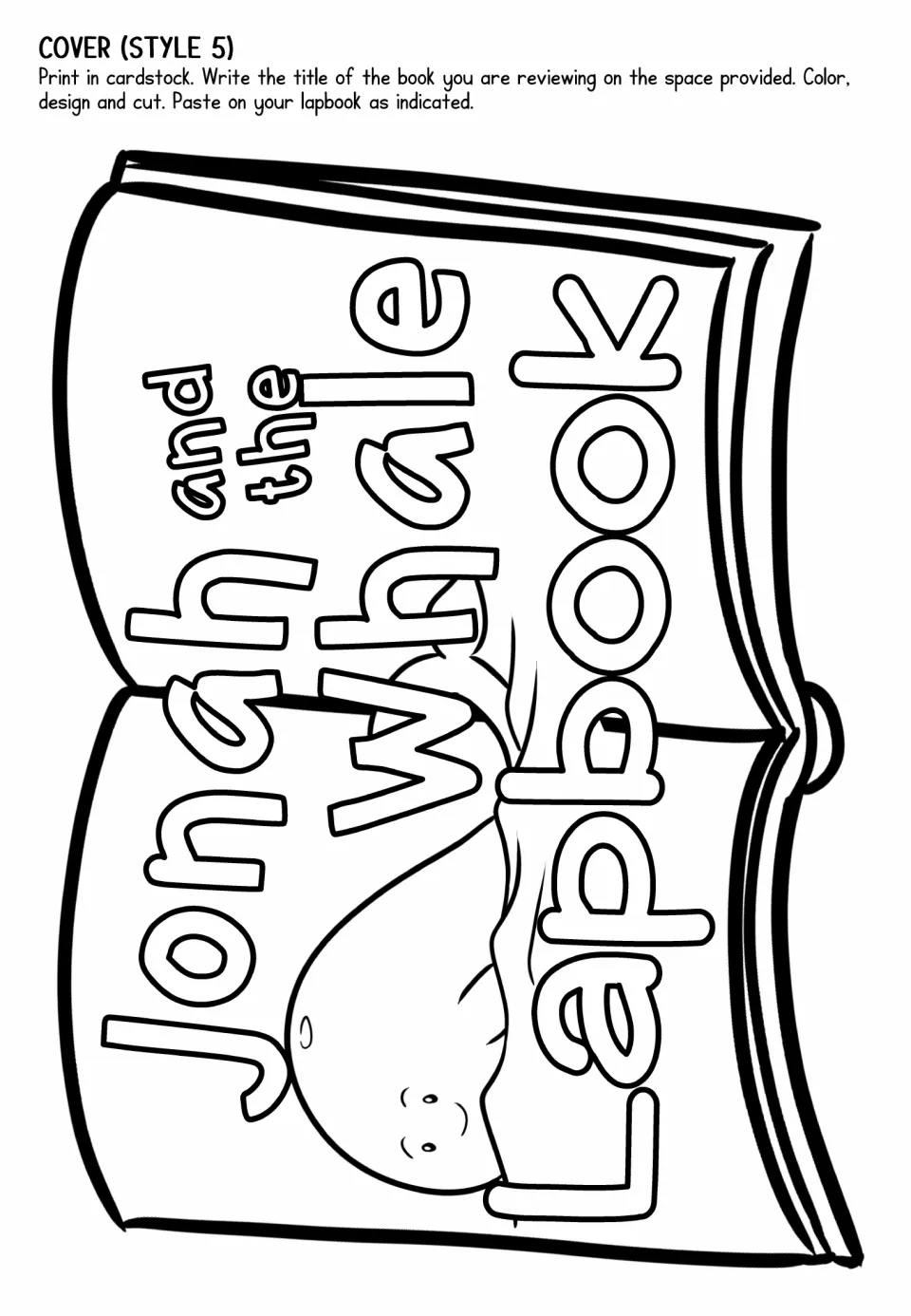 Cover style 5: hand-drawn sideways book with a whale beneath the Jonah title lettering, ready to color, cut and paste