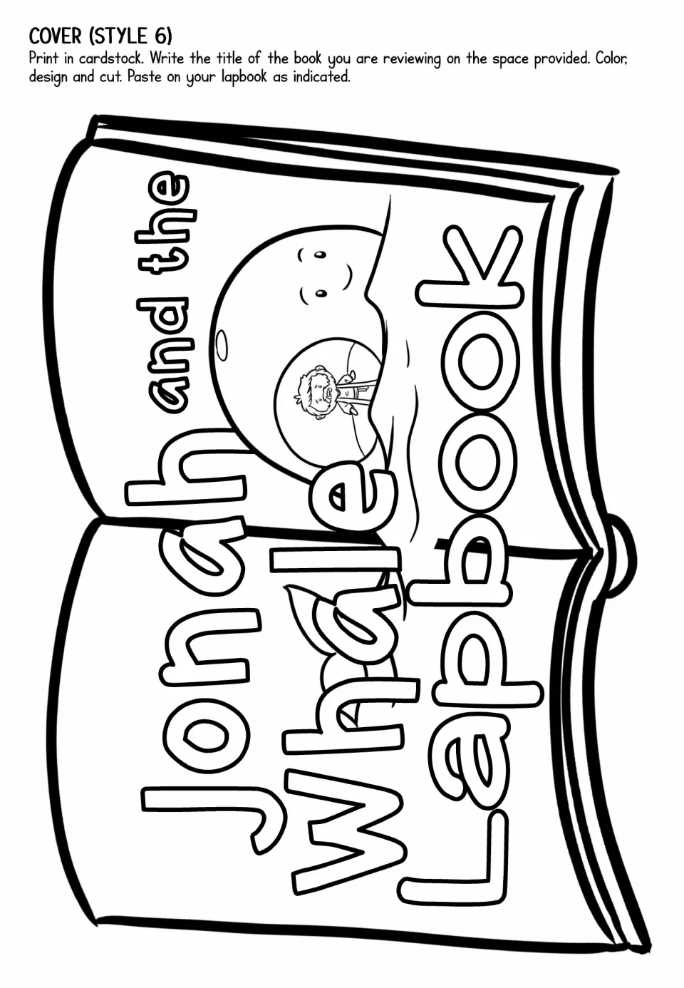 Cover style 6: hand-drawn sideways book with Jonah shown inside the whale's belly; a coloring piece for the folder front