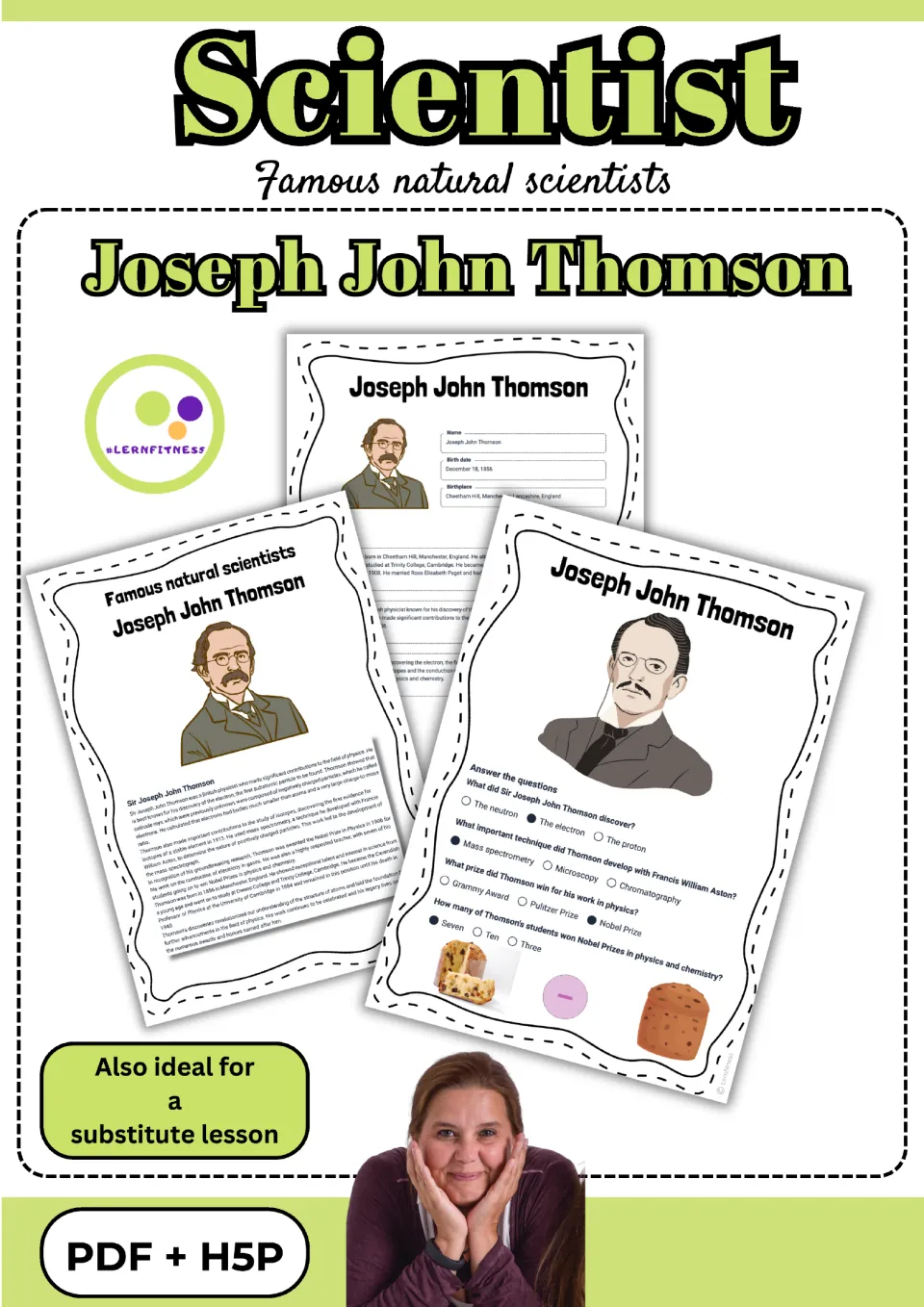 Cover for the Joseph John Thomson science resource, showing reading and quiz samples and PDF + H5P formats