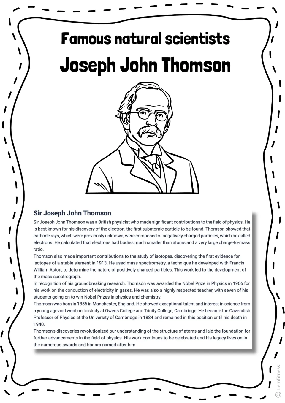 Biography reading on Thomson's electron discovery, isotope research, Nobel Prize, and life, with uncolored portrait
