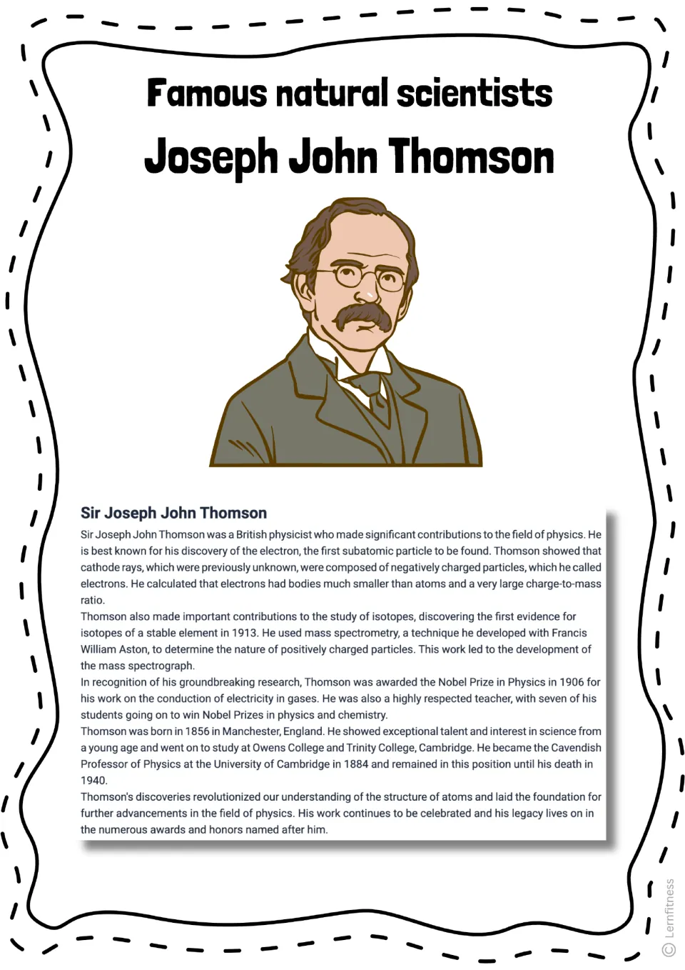 Color version of the Thomson biography reading about his electron discovery, isotope research, and Nobel Prize