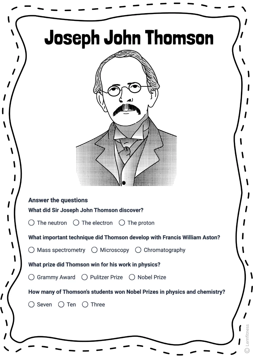 Four-question Thomson quiz on his discovery, technique developed with Aston, physics prize, and students' prizes