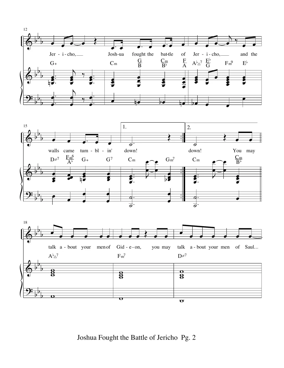 Score page 2: chorus repeat endings and the verse about Gideon and Saul, with melody, piano, and chords