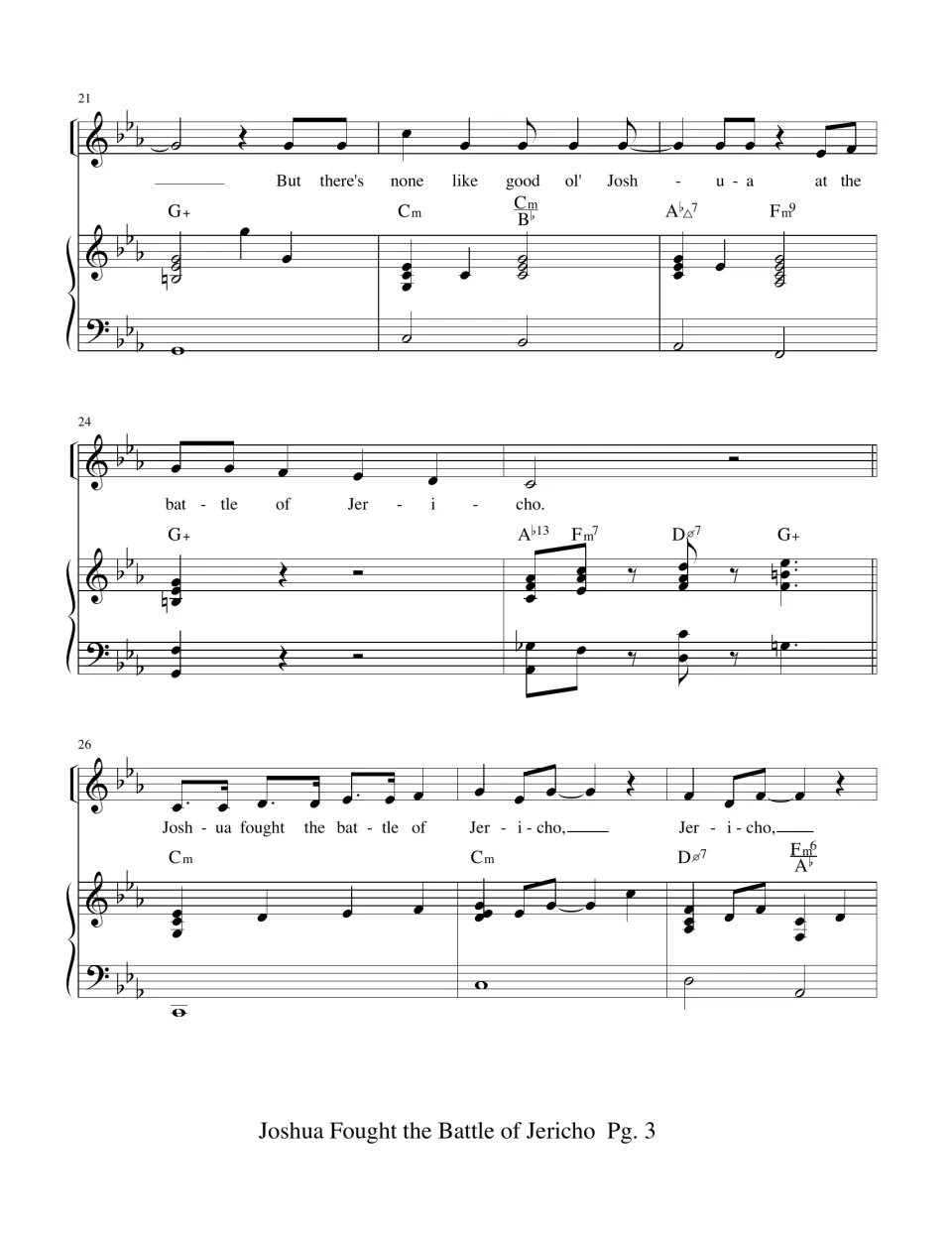 Score page 3: verse praising Joshua at the battle of Jericho and the chorus return, with piano and chords