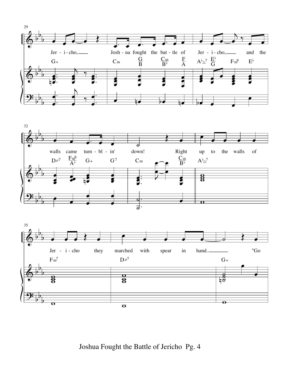 Score page 4: chorus ending and verse about marching to Jericho with spear in hand, with piano and chords