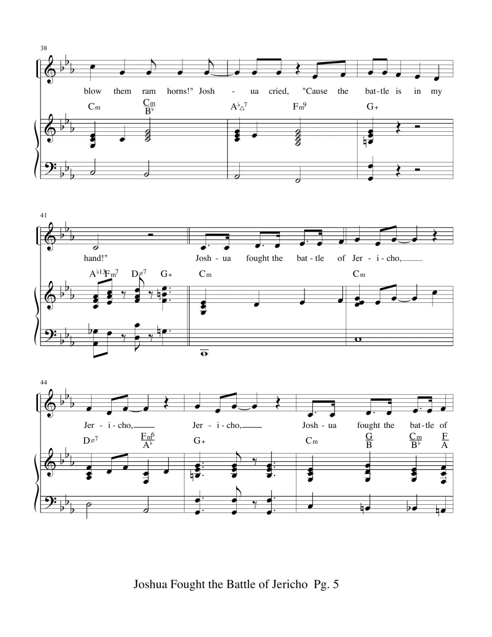 Score page 5: Joshua calls for ram horns, the verse concludes, and the chorus resumes with piano and chords