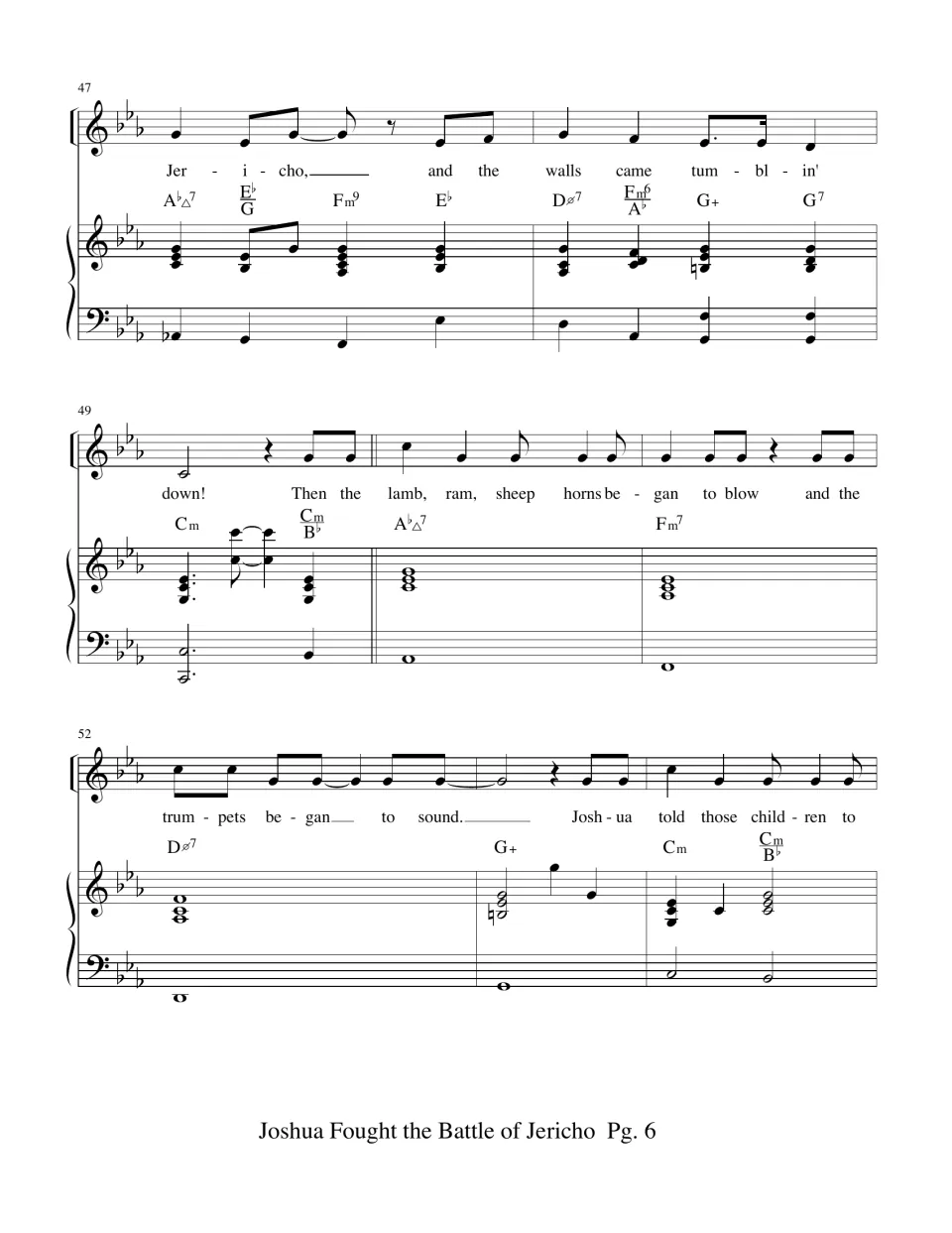 Score page 6: chorus ending and verse about horns blowing and trumpets sounding, with piano and chords