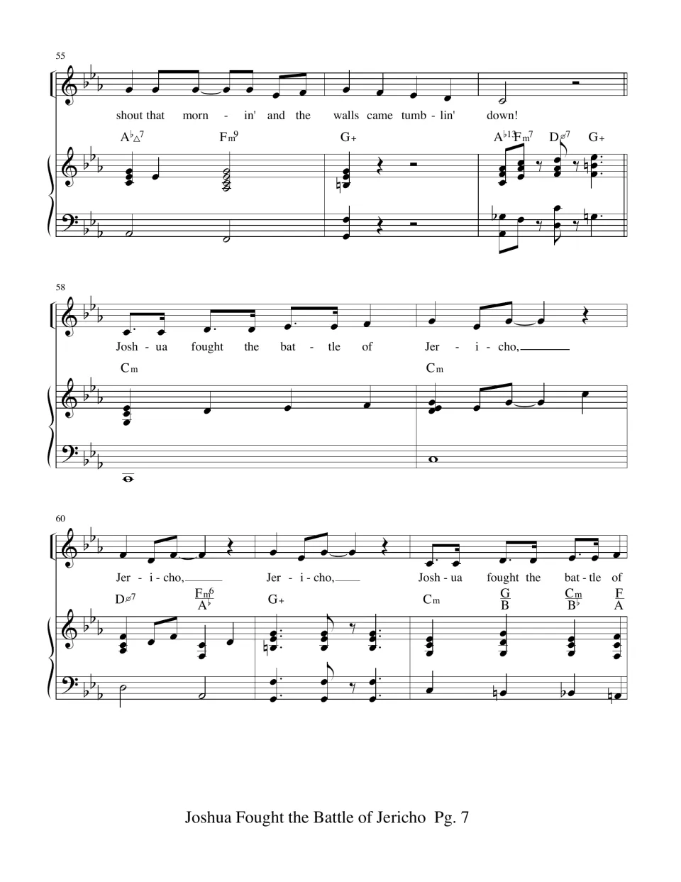 Score page 7: verse about shouting and falling walls, followed by the final chorus, with piano and chords