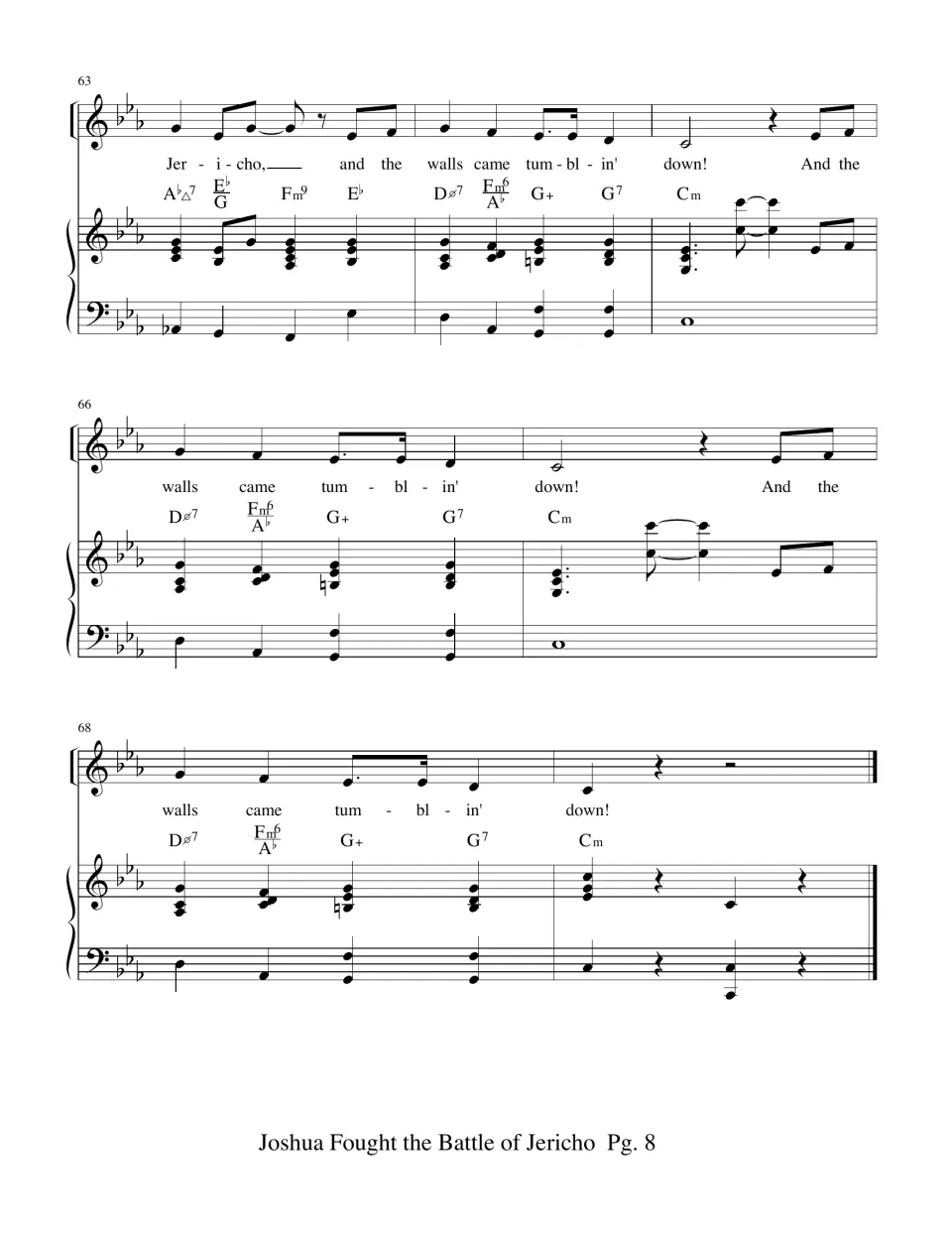 Final score page: chorus conclusion and repeated lines about the walls tumbling down, with piano and chords