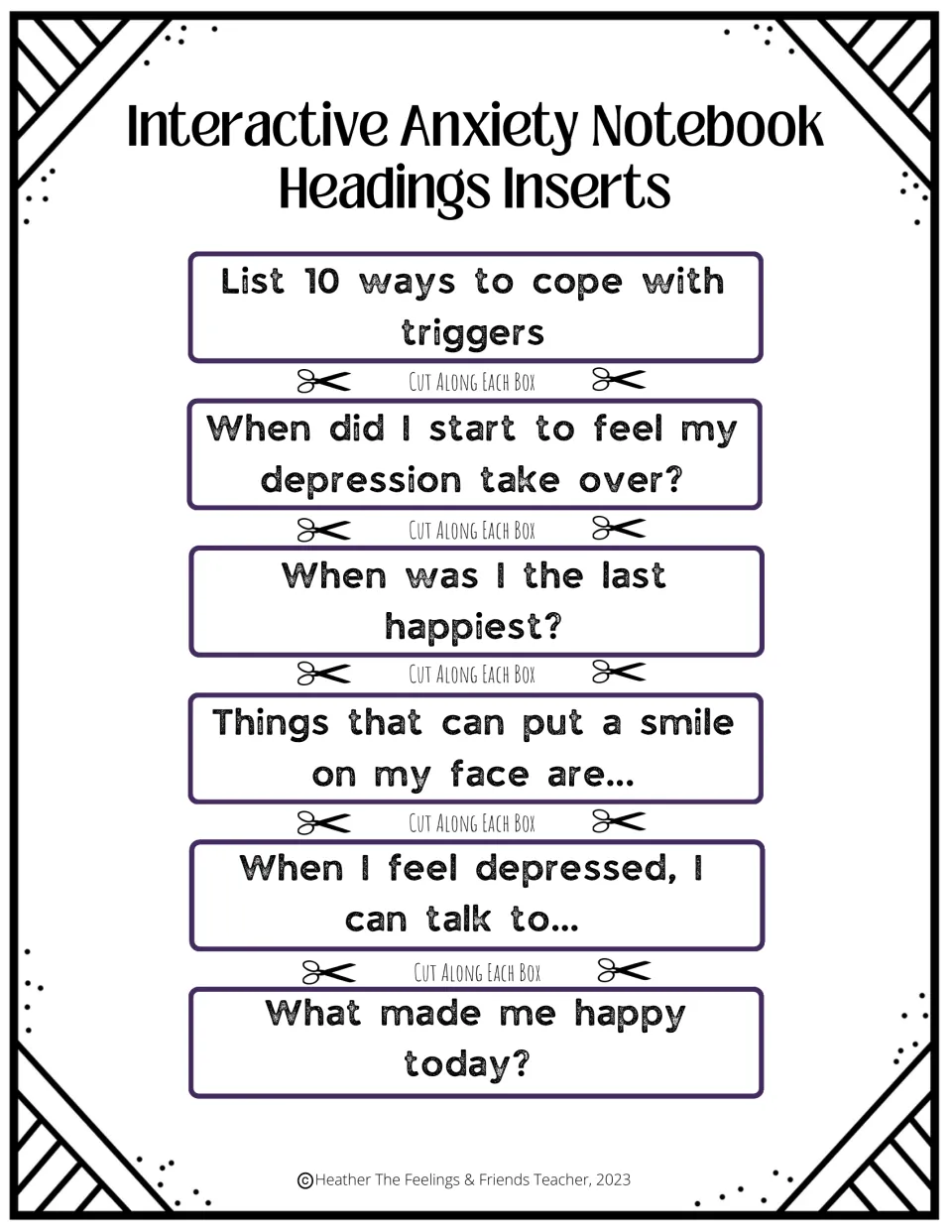 Notebook heading inserts to cut out: six prompts, including List 10 ways to cope with triggers and What made me happy today