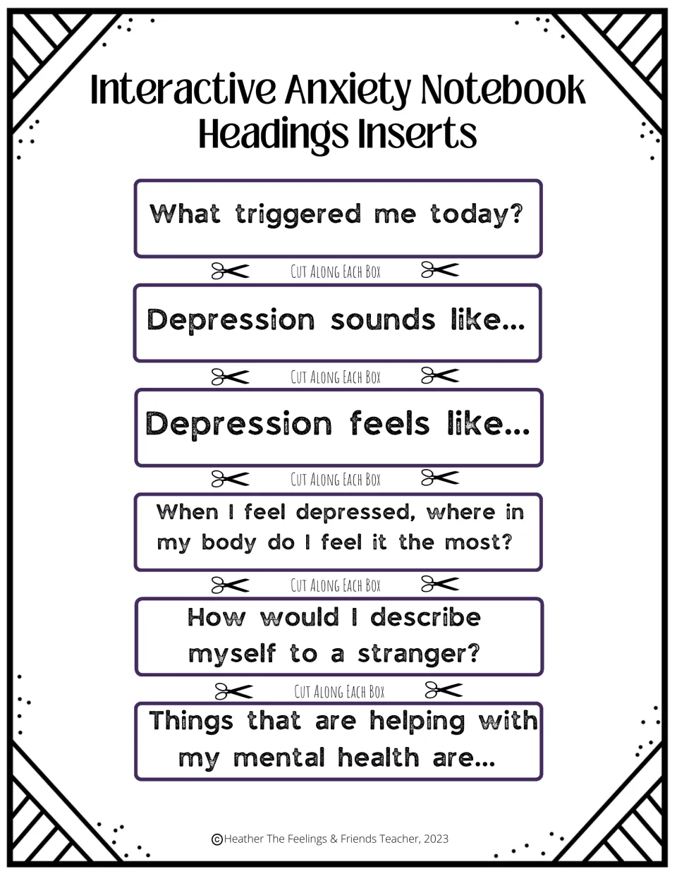 Notebook heading inserts: six prompts to cut out, such as Depression sounds like and Depression feels like