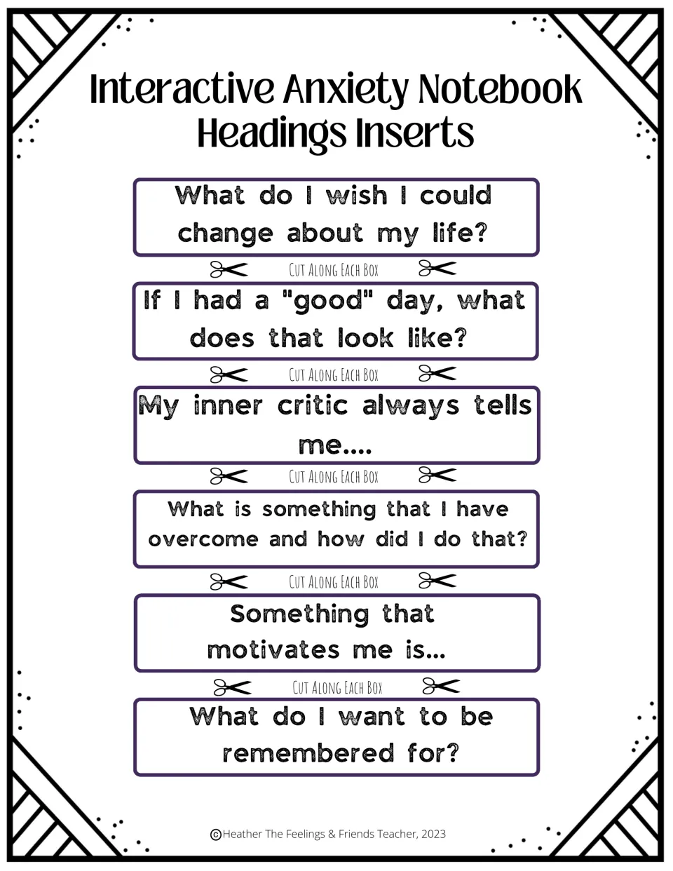 Notebook heading inserts to cut out, including My inner critic always tells me and What do I want to be remembered for