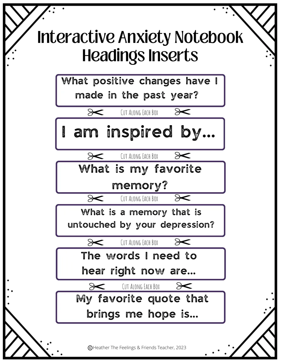 Notebook heading inserts: six prompts to cut out, such as I am inspired by and My favorite quote that brings me hope is