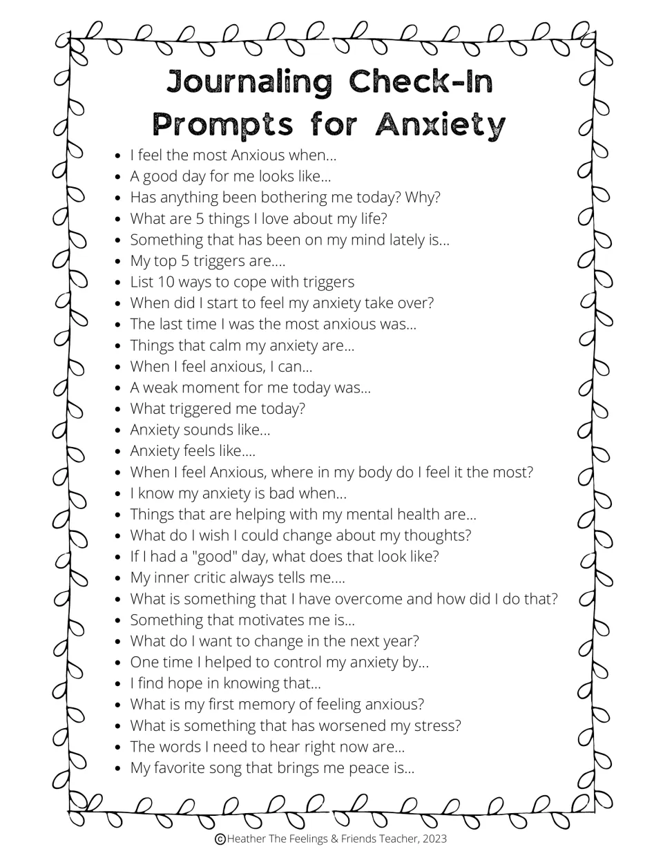 Journaling Check-In Prompts for Anxiety: 30 sentence starters and questions on triggers, coping and hope for self-reflection