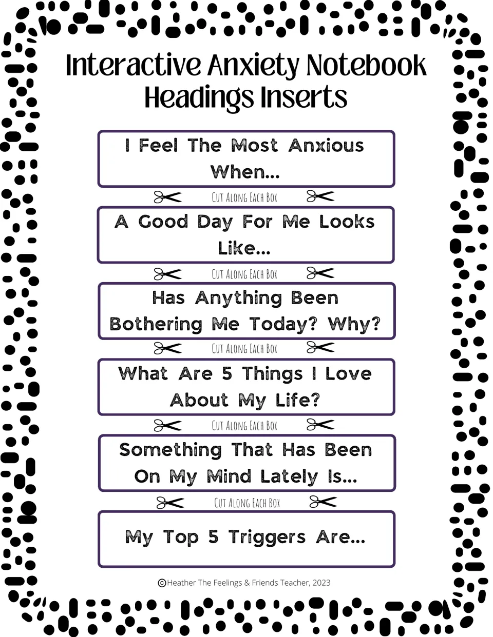 Interactive Anxiety Notebook Headings Inserts: six cut-out headings, from I Feel The Most Anxious When to My Top 5 Triggers
