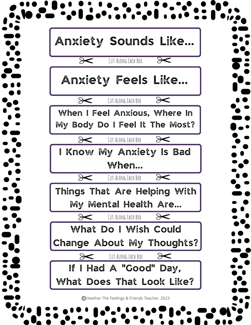 Notebook heading cut-outs on how anxiety sounds and feels, where it shows in the body, and what a good day looks like