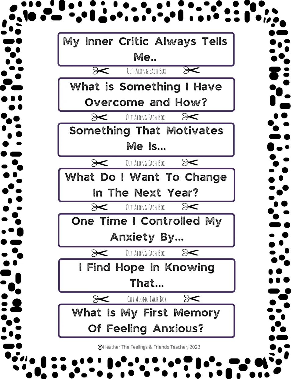 Notebook heading cut-outs on inner critic, motivation, hope, change next year and a first memory of feeling anxious
