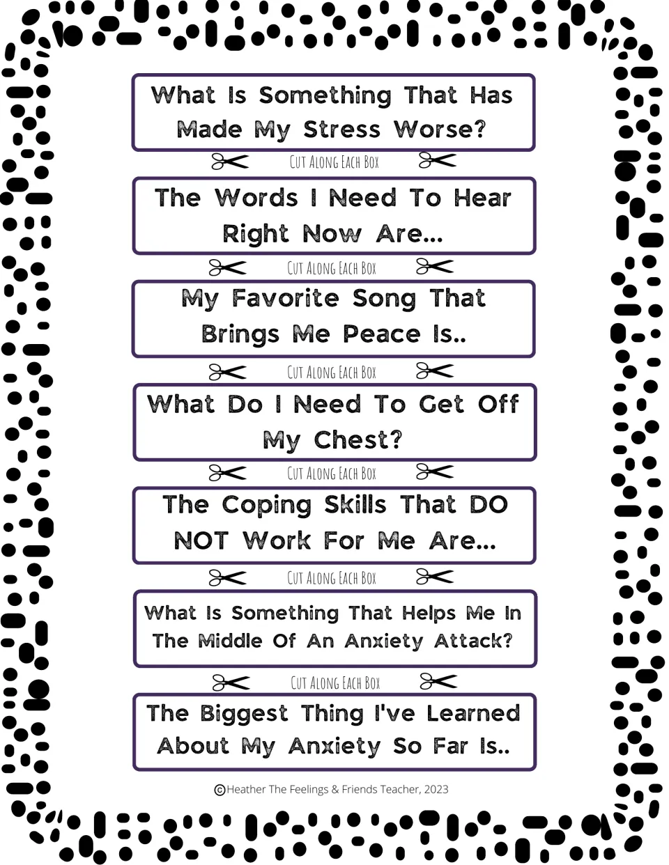 Notebook heading cut-outs on stress, words I need to hear, coping skills that do not work and help during an anxiety attack