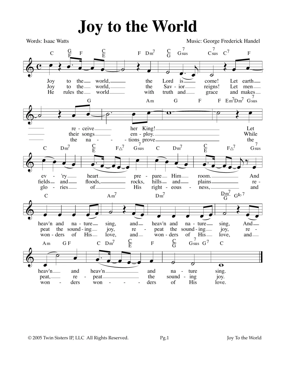 Joy to the World lead sheet: treble-clef melody with chord symbols and three verses of lyrics, words Watts, music Handel