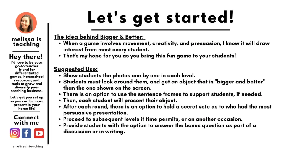 English game directions: find a bigger and better object, present it, and optionally vote or reflect