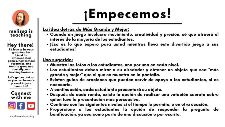 Spanish game directions under '¡Empecemos!' (Let's begin): choose objects, present them, and optionally vote