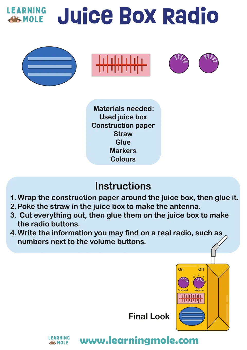Juice box radio craft: students cut out a speaker, tuner and two dials, glue them on a juice box and add a straw antenna