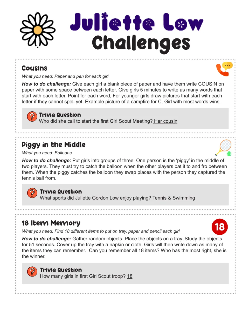 Challenge cards 1–3: Cousins, Piggy in the Middle, and 18 Item Memory, each paired with Juliette Low trivia