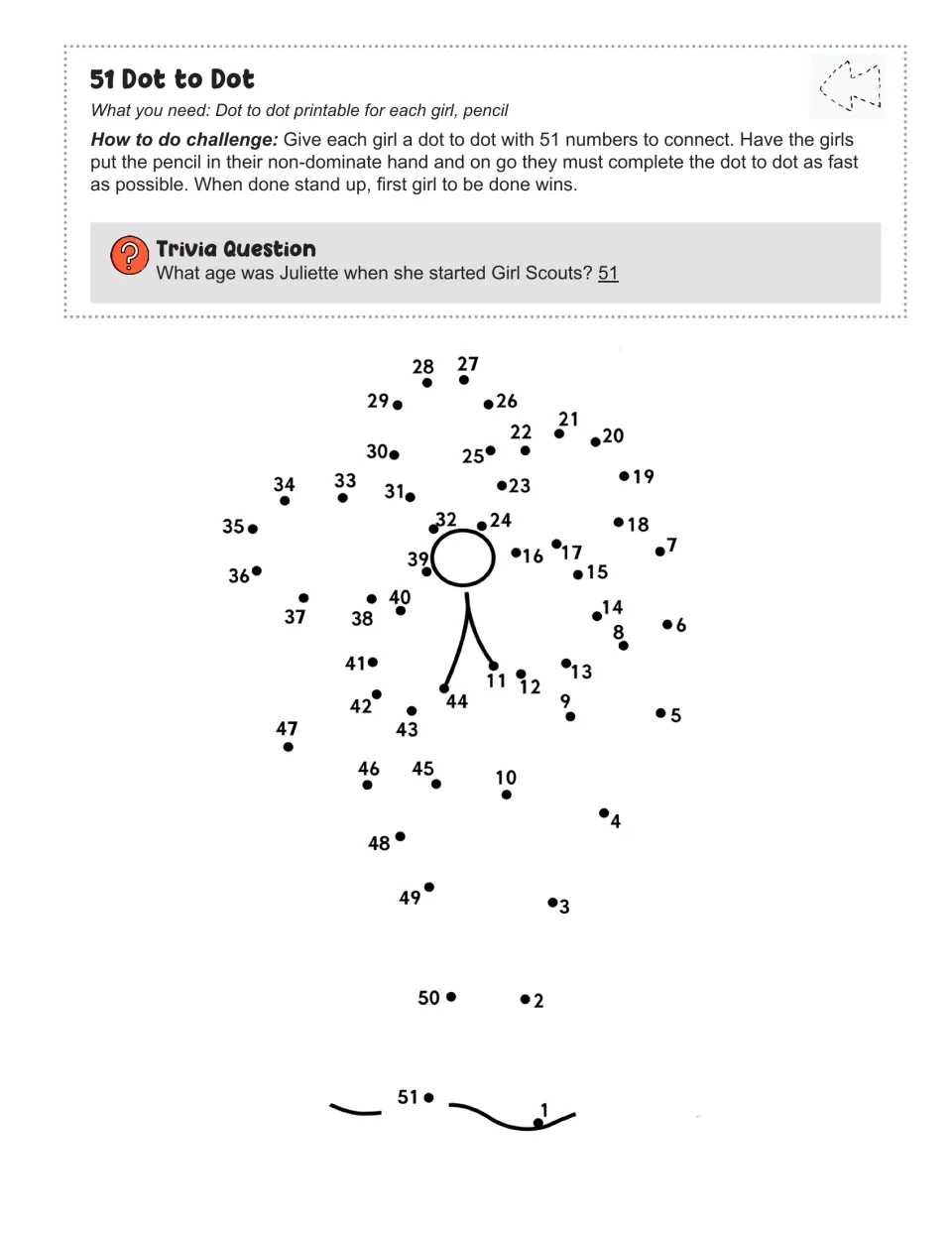Challenge card 4: 51 Dot to Dot, with a numbered puzzle to complete using the non-dominant hand and trivia