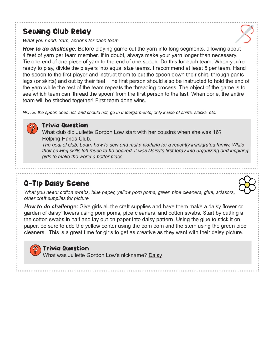 Challenge cards 5–6: Sewing Club Relay and Q-Tip Daisy Scene, with trivia about the Helping Hands Club and Daisy