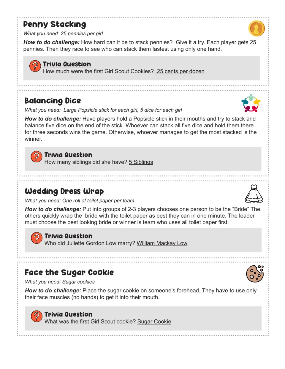 Challenge cards 7–10: Penny Stacking, Balancing Dice, Wedding Dress Wrap, and Face the Sugar Cookie