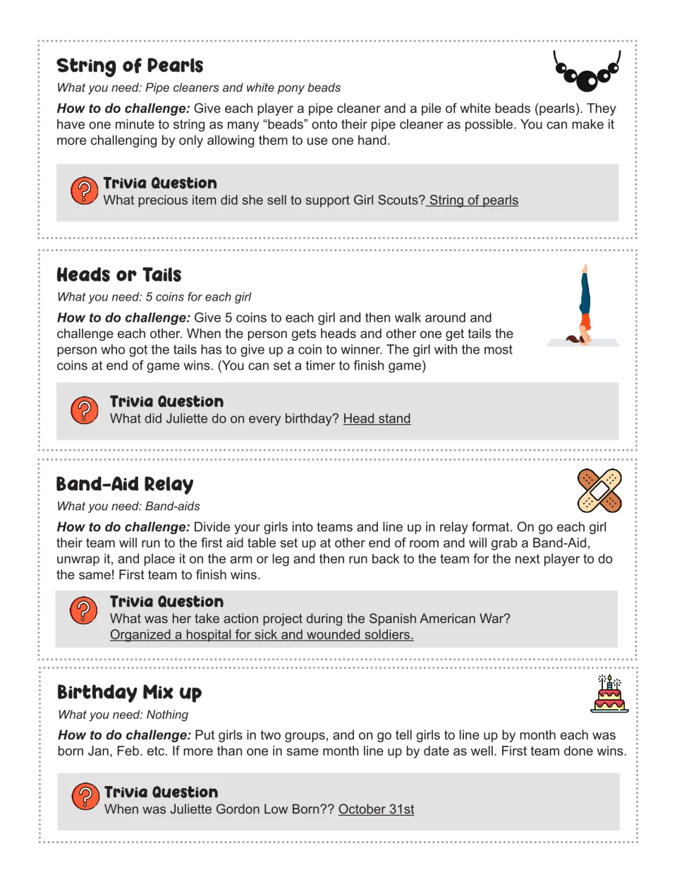 Challenge cards 11–14: String of Pearls, Heads or Tails, Band-Aid Relay, and Birthday Mix up, with trivia