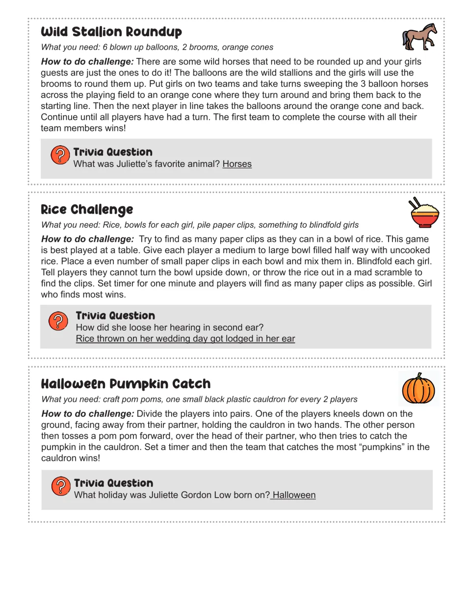 Challenge cards 15–17: Wild Stallion Roundup, Rice Challenge, and Halloween Pumpkin Catch, with trivia