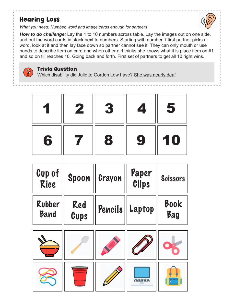 Challenge card 18: Hearing Loss partner game, with number cards 1–10 and ten matching word and picture cards