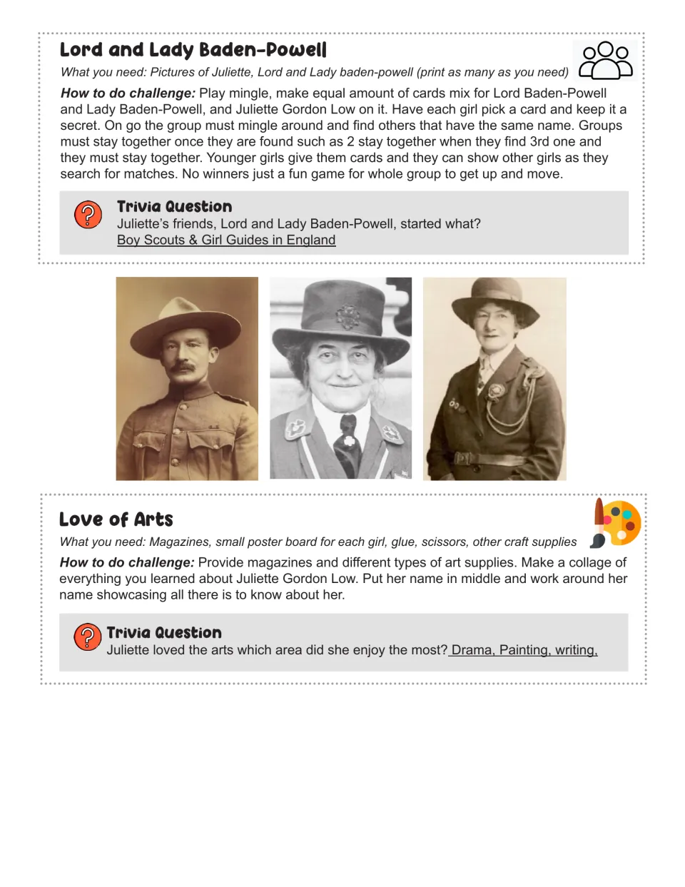 Challenge cards 19–20: Lord and Lady Baden-Powell matching game with three portraits, and Love of Arts collage