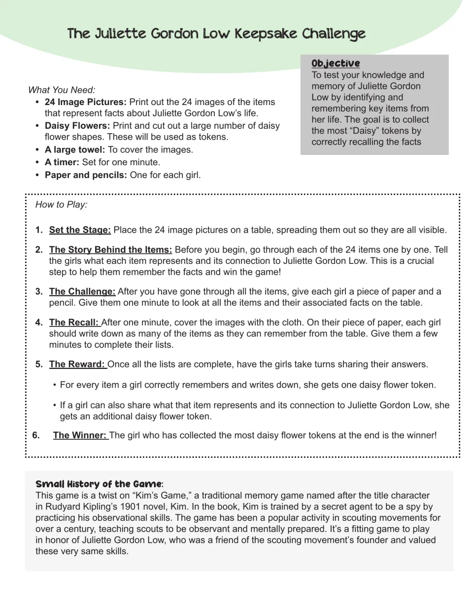 Memory game instructions: study 24 items for one minute, recall them, and earn daisy tokens for items and facts