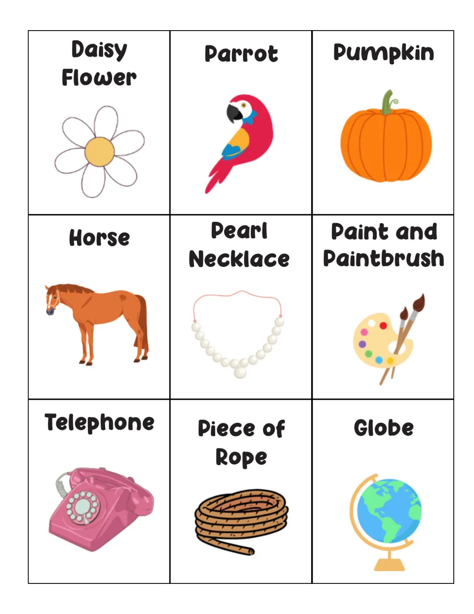 Memory game cards 1–9: daisy flower, parrot, pumpkin, horse, pearl necklace, paintbrush, telephone, rope, globe