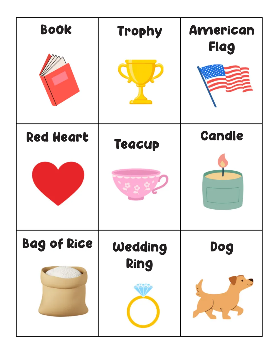 Memory game cards 10–18: book, trophy, American flag, red heart, teacup, candle, bag of rice, wedding ring, dog