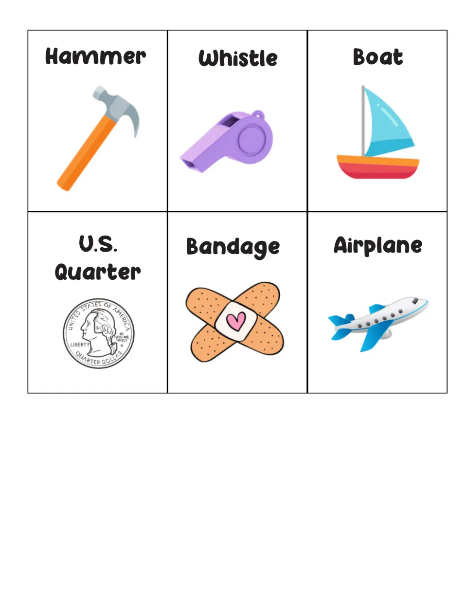 Memory game cards 19–24: hammer, whistle, boat, U.S. quarter, bandage, and airplane