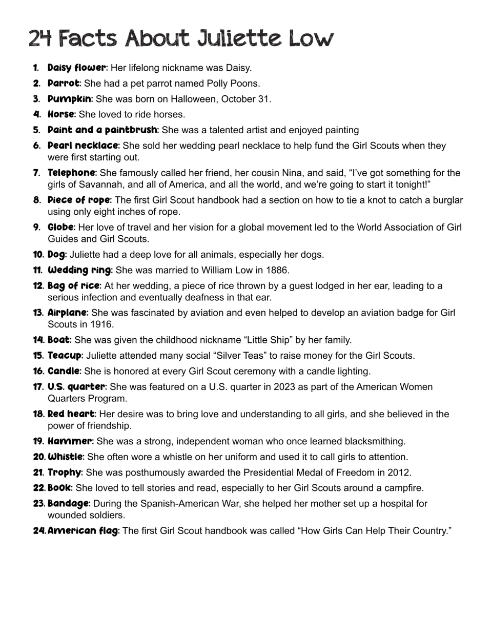 Reference sheet linking 24 items to Juliette Low’s life, including Daisy as her nickname and a pet parrot