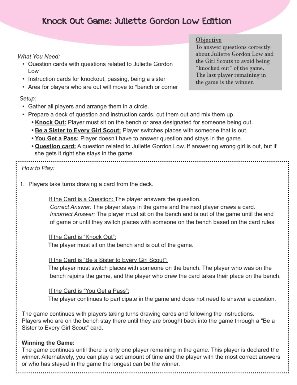 Game instructions explain setup, question cards, three action card types, bench rules, and ways to win