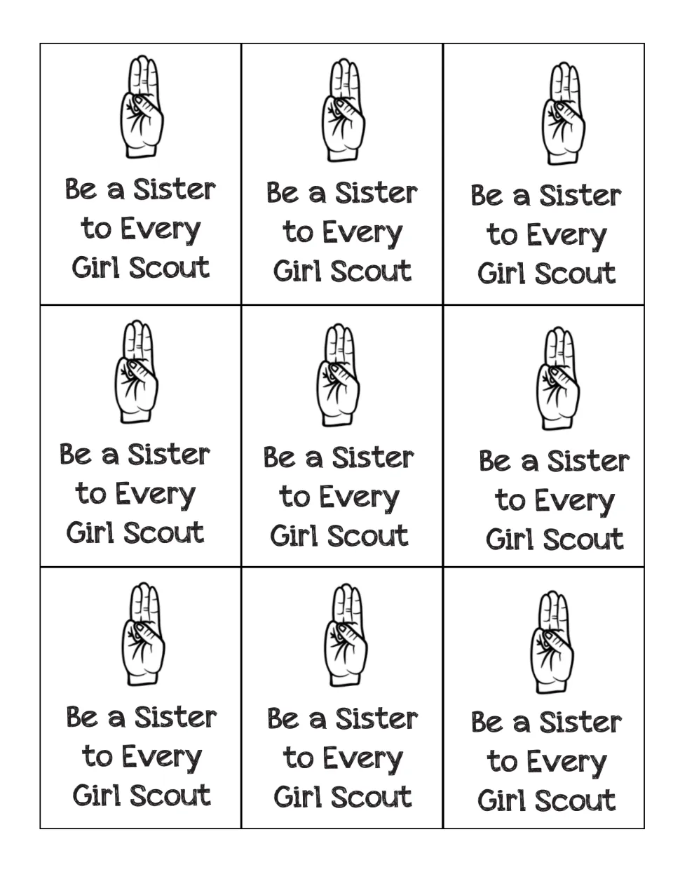 Nine 'Be a Sister to Every Girl Scout' action cards have players switch places with someone on the bench