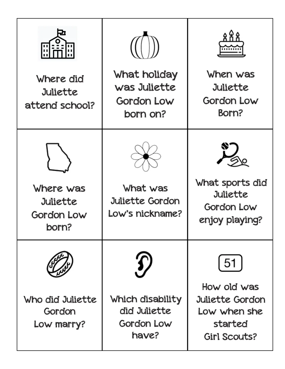 Nine trivia cards ask about Juliette Gordon Low's school, birthday, birthplace, nickname, and five more topics