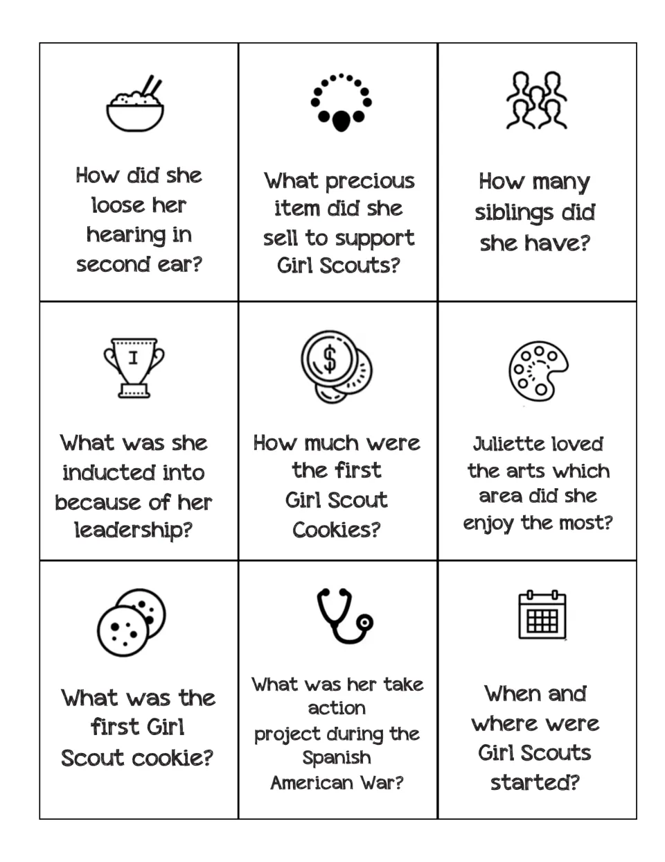 Nine trivia cards ask about Juliette's hearing loss, pearls, siblings, arts, cookies, and Girl Scout history