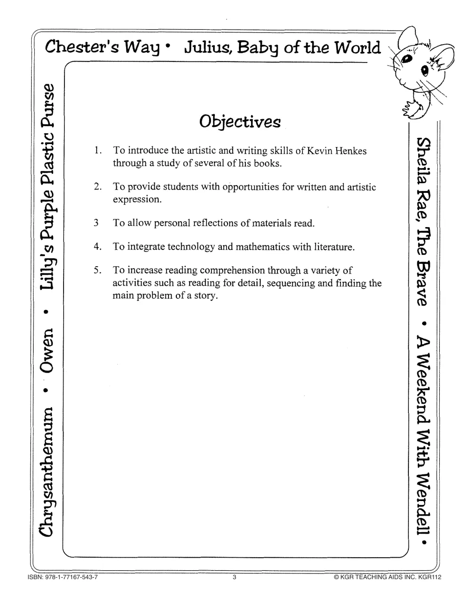 Study guide objectives: explore Henkes's books, write and create art, reflect, and connect math and technology