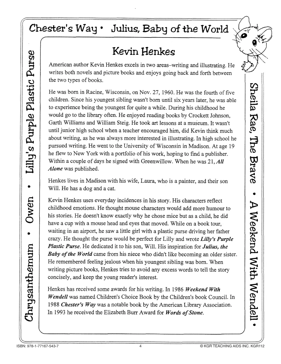 Author background reading covers Kevin Henkes's childhood, publishing career, story inspirations, and awards