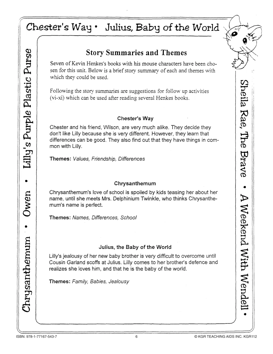 Story summaries and themes introduce Chester's Way, Chrysanthemum, and Lilly's jealousy of baby Julius