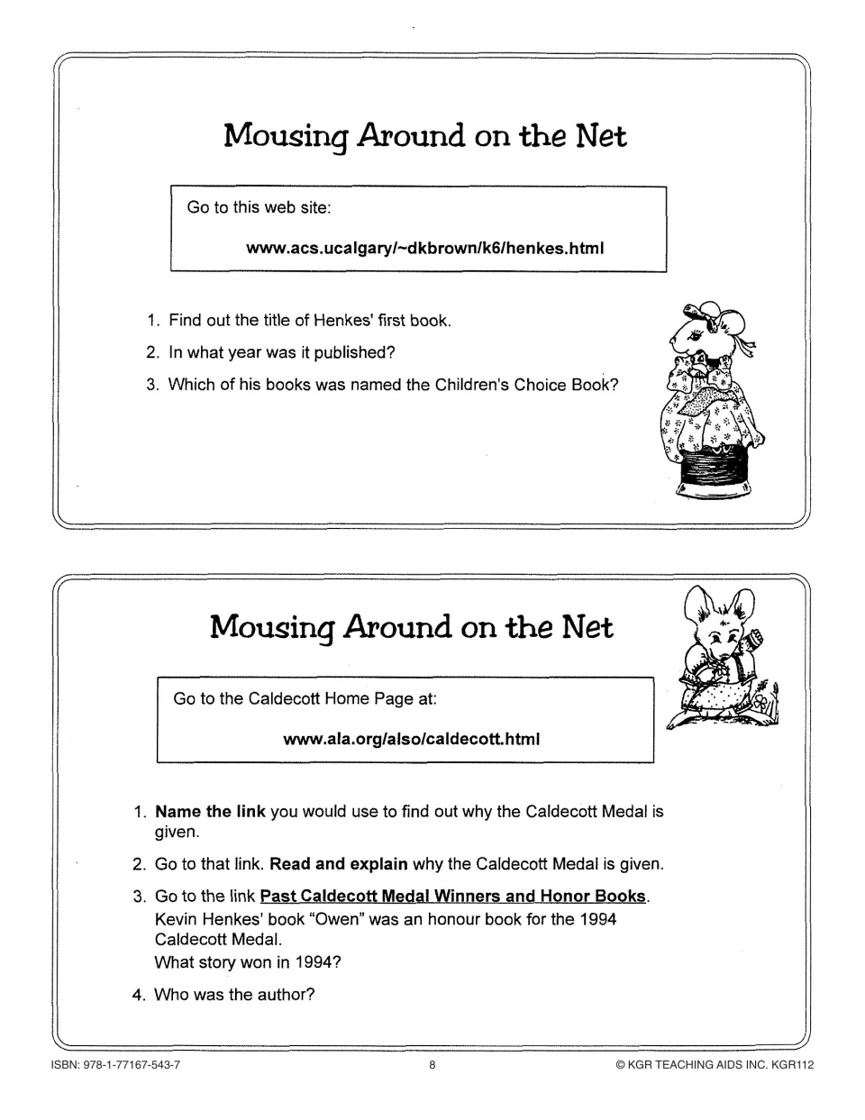 Two internet research activities ask about Henkes's first book, a book award, and Caldecott Medal history