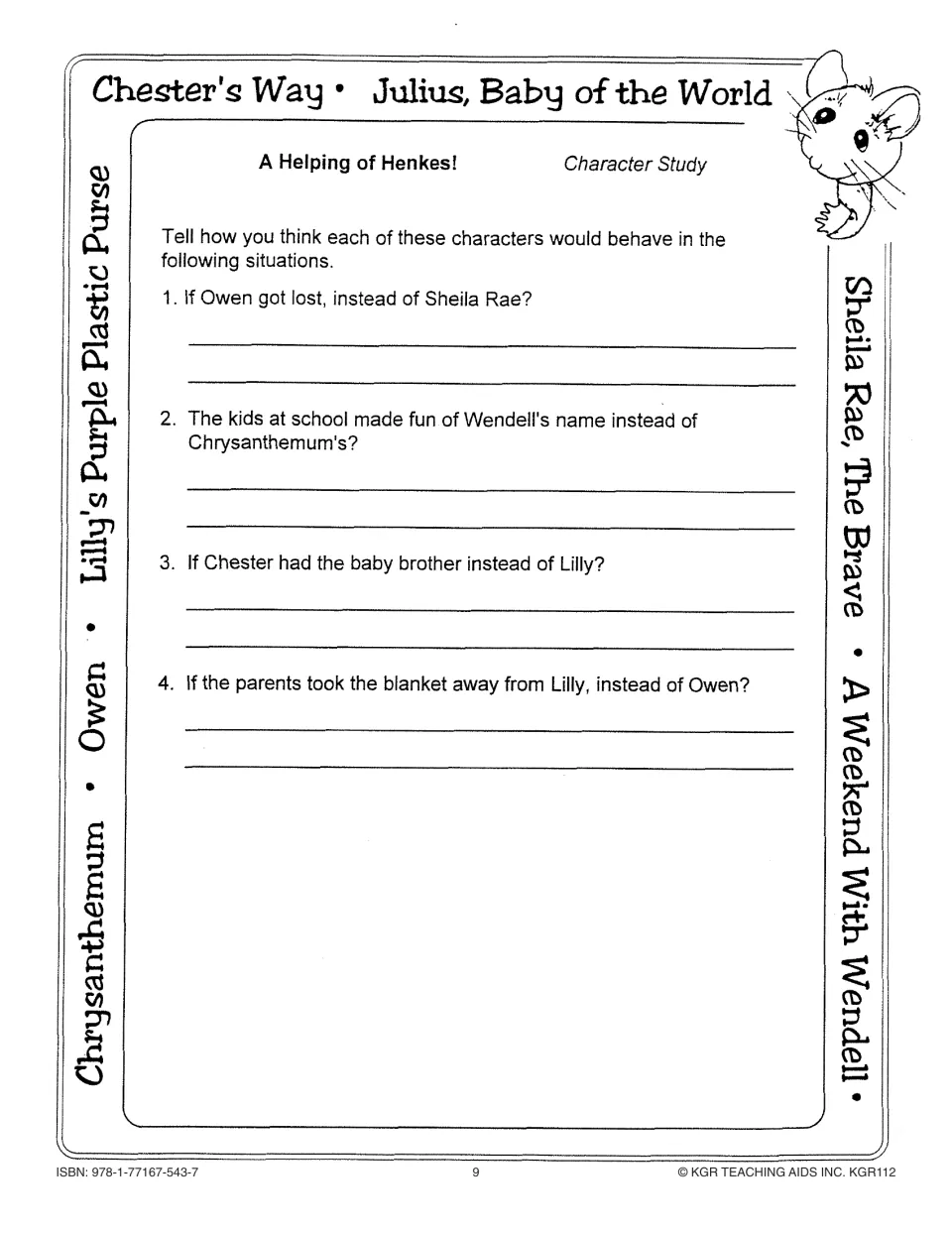 Character study asks how Owen, Wendell, Chester, and Lilly would behave in situations from other Henkes books