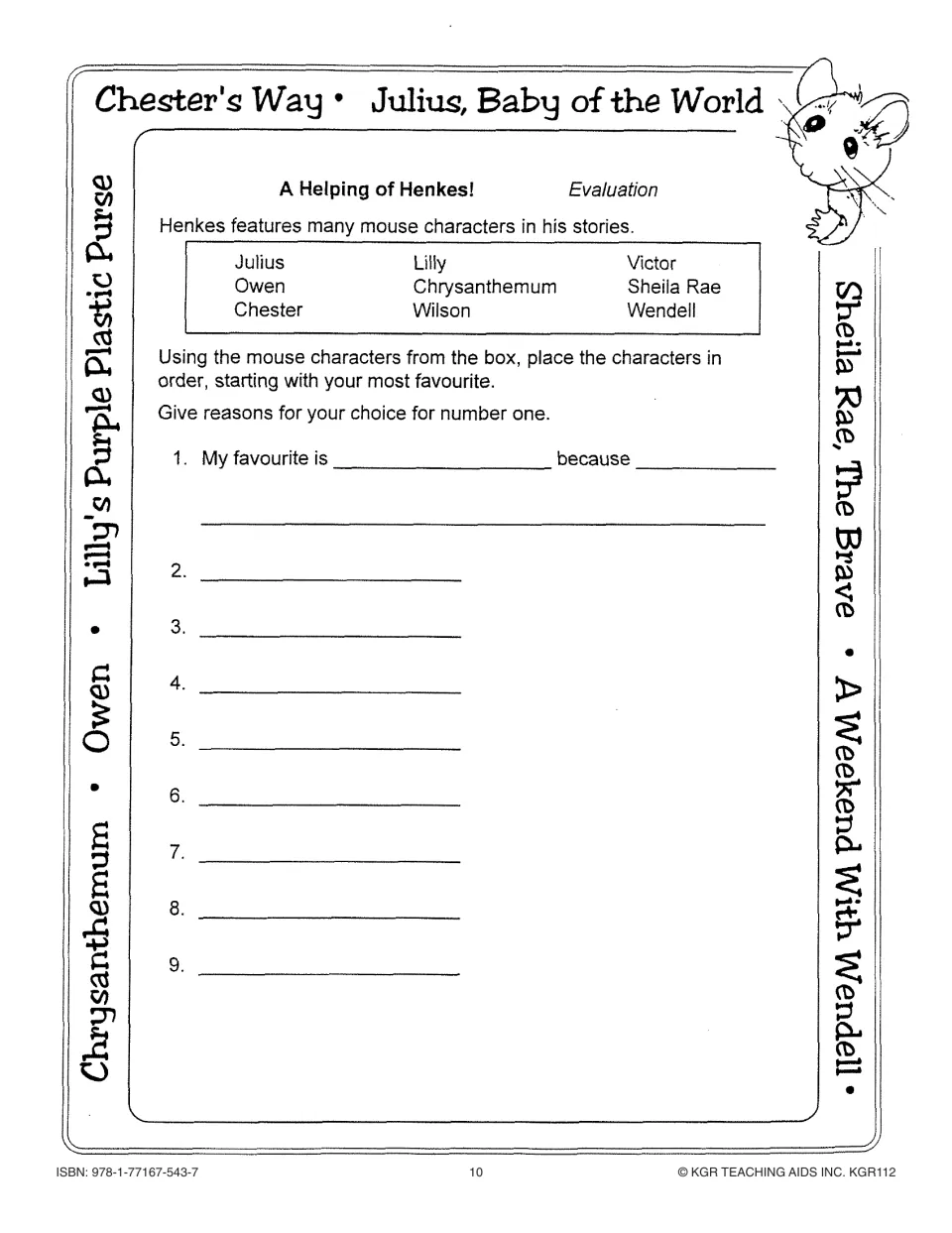 Character evaluation asks students to rank nine Henkes mouse characters and explain their favorite choice